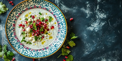 Colorful Plate of Chiles en Nogada with White Walnut Sauce and Pomegranate Seeds photo