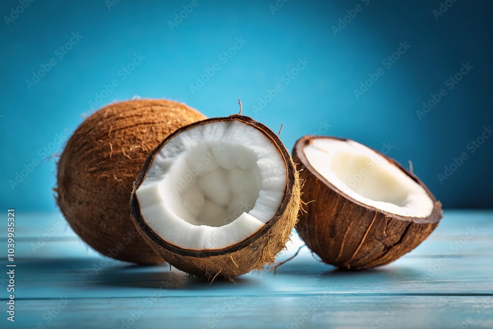 Coconut and coconut pieces on blue background Coconut and coconut pieces on blue background