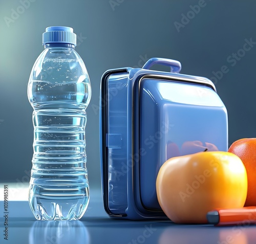 plastic water bottle and lunchbox photo