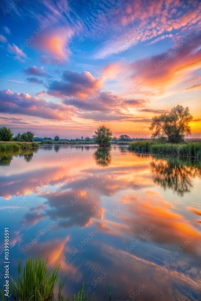 Sunset over still lake with vibrant clouds and peaceful vivid sky Sunset over still lake with vibrant clouds and peaceful vivid sky