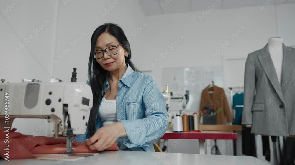 Seamstress sewing on professional machine, closeup in atelier, fashion factory. Handmade production of luxury fashion brand of clothing, fashion designer creating sample of dress, fashion industry Seamstress sewing on professional machine, closeup in atelier, fashion factory. Handmade production of luxury fashion brand of clothing, fashion designer creating sample of dress, fashion industry