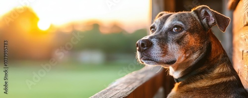 Dog resting by the window, golden sunset in the background.