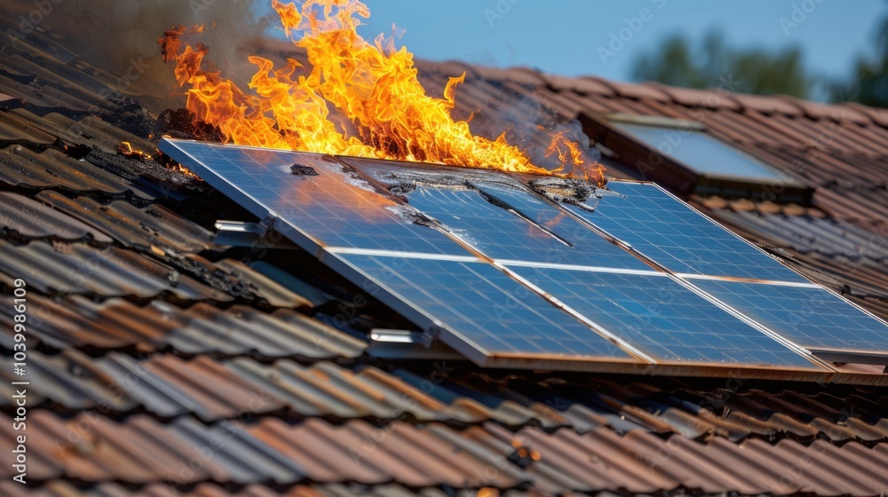 electrical arcing fire from poorly-installed solar collectors. solar panel fire burned on roof of a house.
