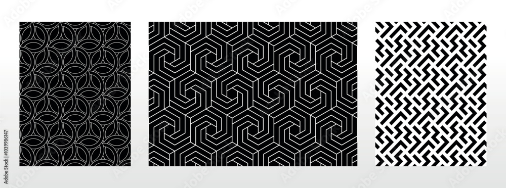 Geometric set of seamless black and white patterns. Simple vector graphics.