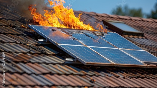 Obraz na płótnie electrical arcing fire from poorly-installed solar collectors. solar panel fire burned on roof of a house. w salonie