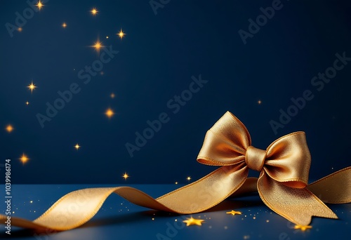 Blue festive banner with stars and golden bow. Vector illustration.
