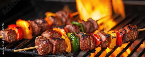 Delicious grilled kebabs with colorful vegetables on skewers over hot flames.