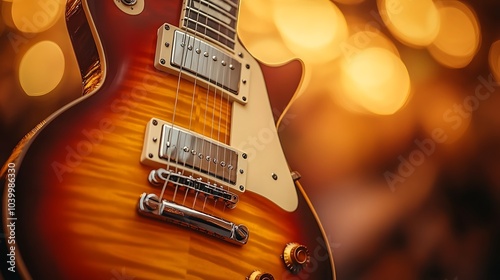 Close-up of a sunburst electric guitar with blurred lights in the background.