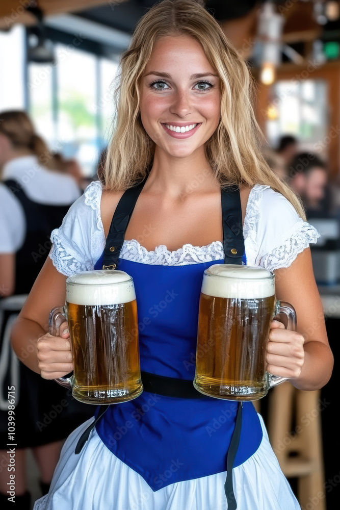 serveuse allemande blonde tenant 2 choppes de bière dans une brasserie