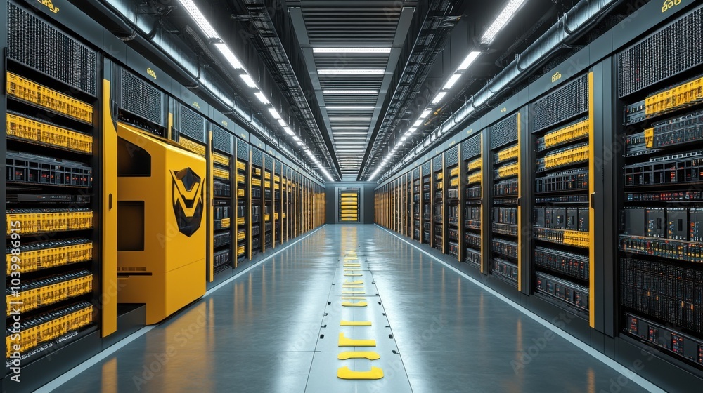 A futuristic data center with rows of servers and bright lighting. A futuristic data center with rows of servers and bright lighting.