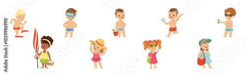 Cute Kids at Beach and Seaside Have Summer Vacation Vector Set
