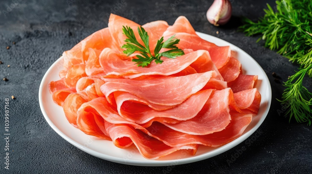 Freshly sliced cured meat on a white plate, garnished with herbs. Freshly sliced cured meat on a white plate, garnished with herbs.