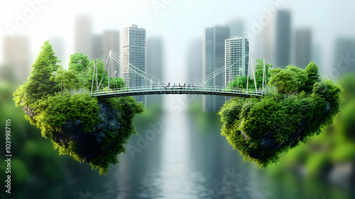 3D Holographic Bridge Profit Planet Tracking Shot Floating Islands Skyscrapers Ecosystem Business Figures Crossing White Space for Copy Icon Concept