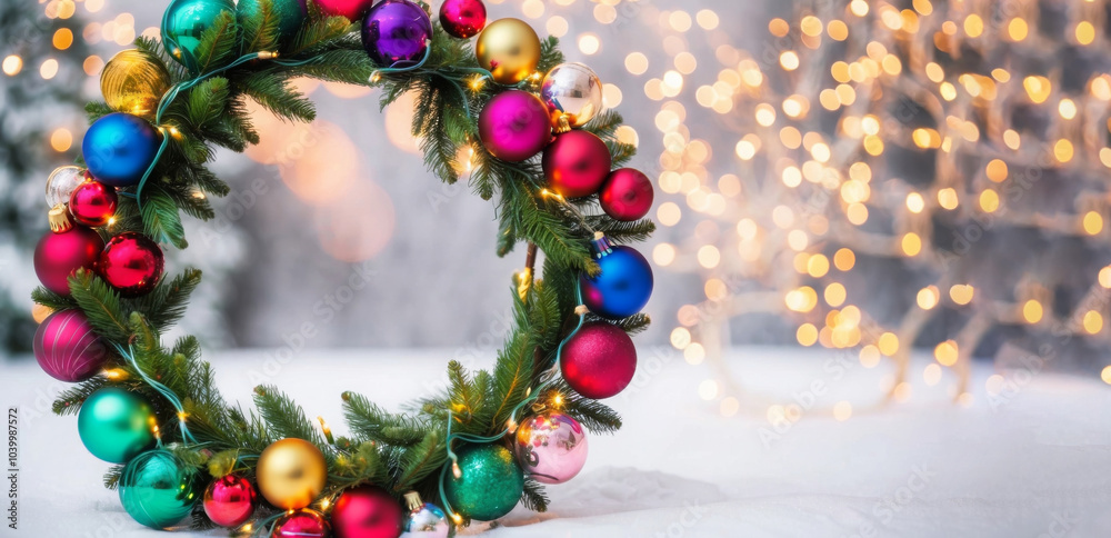 Wreath of Christmas ornaments with a green tree branch. The wreath is full of colorful ornaments, including red, blue, and yellow. The scene is set against a snowy background, creating a festive. Wreath of Christmas ornaments with a green tree branch. The wreath is full of colorful ornaments, including red, blue, and yellow. The scene is set against a snowy background, creating a festive.