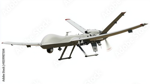 A white drone with a propeller on the tail and landing gear visible.