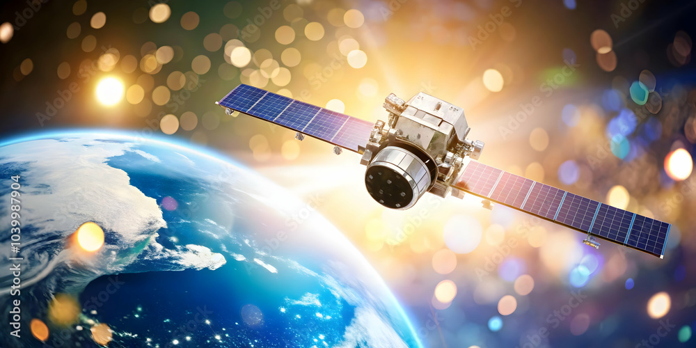 Obraz premium Satellite Earth Orbit Data Streams Bokeh Background Digital Art Image Global Data Network Concept Soft Design Ample Copy Space, Unique Satellite Imagery, Bokeh Effect, Future Technology Concept Art