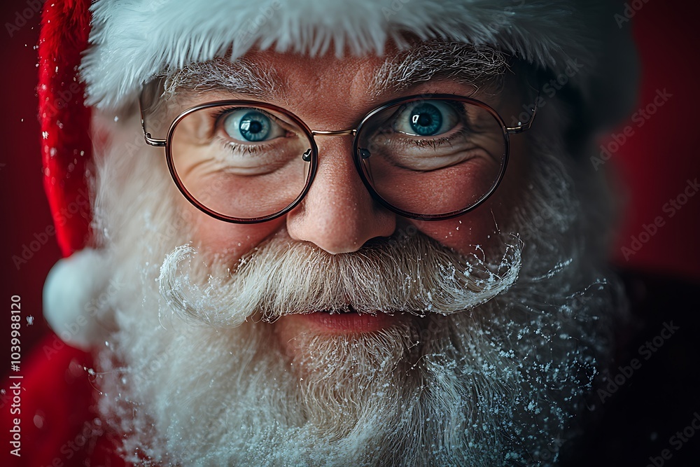 Close-up portrait of a cheerful Santa Claus with sparkling snow Close-up portrait of a cheerful Santa Claus with sparkling snow