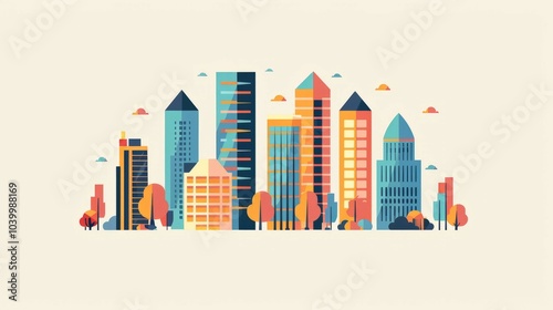 Colorful cityscape illustration. Vibrant illustration of a city skyline with colorful buildings and trees, depicting urban growth and progress.