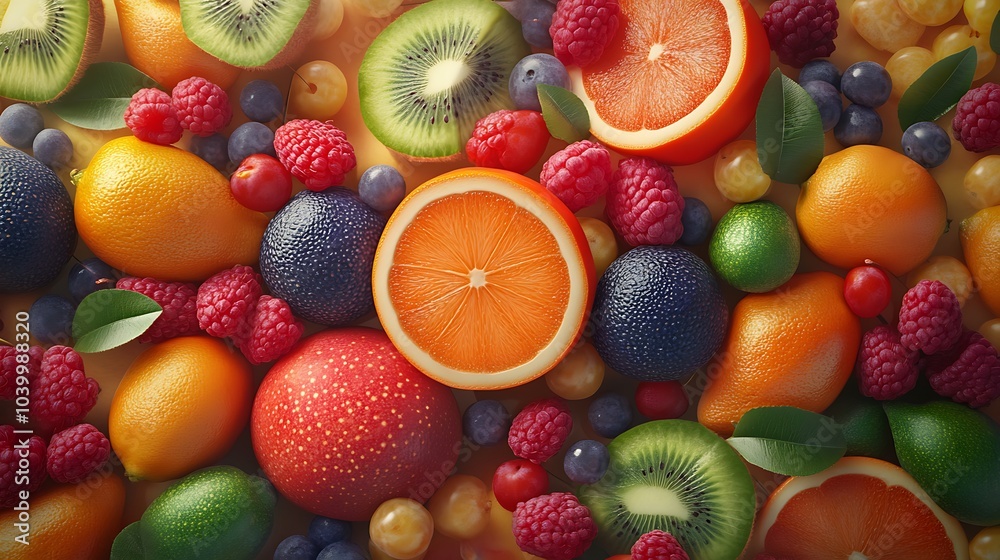 A vibrant mix of fresh fruits like oranges, lemons, limes, kiwi, raspberries, and blueberries, arranged in a flat lay composition.