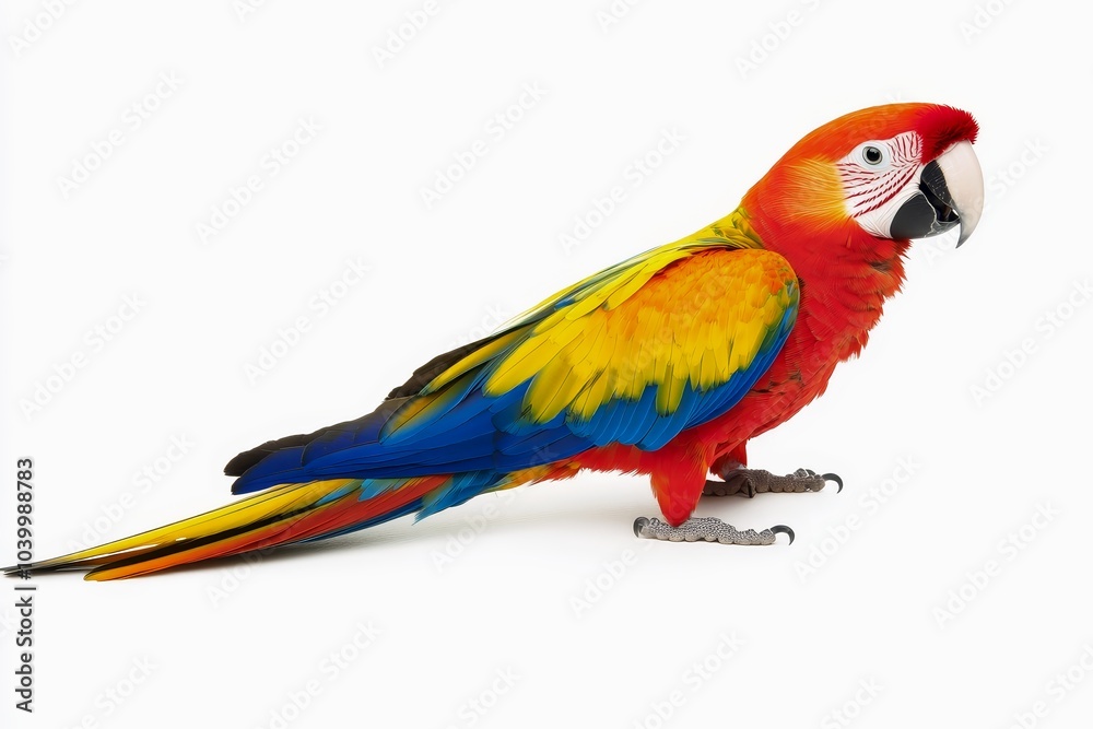 Colorful parrot with vibrant feathers perched on a white backdrop. Colorful parrot with vibrant feathers perched on a white backdrop.