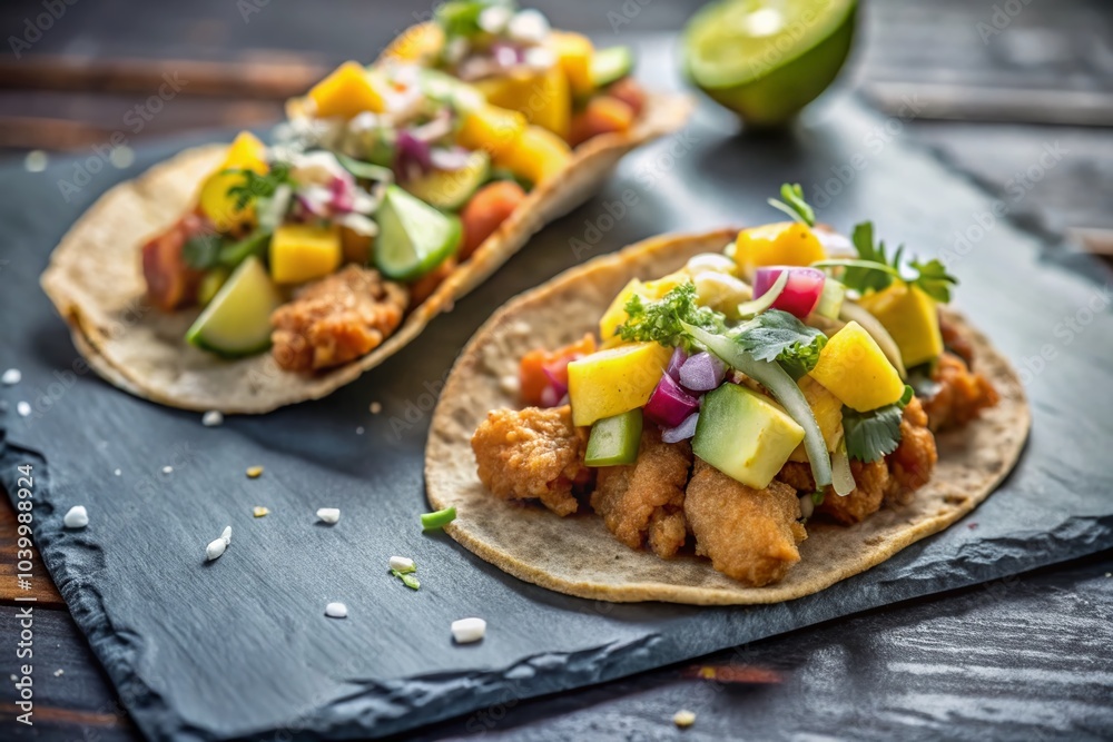 Fusion Crispy Fish Tacos with Mango Salsa - Vibrant Coastal Street Food Market Scene Fusion Crispy Fish Tacos with Mango Salsa - Vibrant Coastal Street Food Market Scene