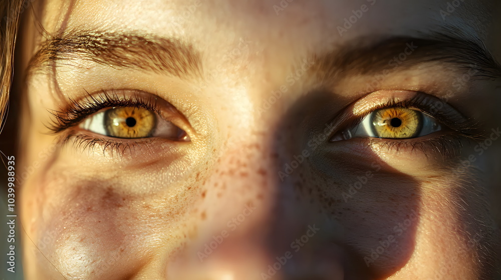 Captivating closeup of a person's striking eyes highlighting natural freckles and unique color palette in a sunlit setting