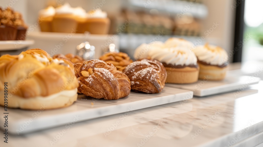 A display of delicious baked goods, including pastries and cupcakes, presented elegantly on a marble countertop. A display of delicious baked goods, including pastries and cupcakes, presented elegantly on a marble countertop.