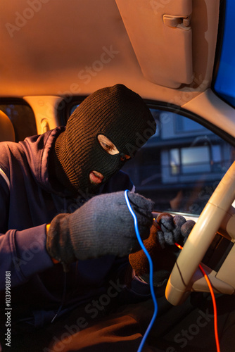 Masked thief hotwiring car ignition system photo