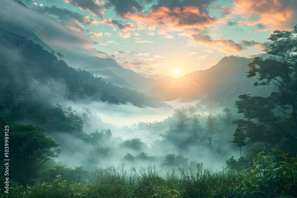 Serene Sunrise Over Misty Mountains and Lush Valleys Serene Sunrise Over Misty Mountains and Lush Valleys