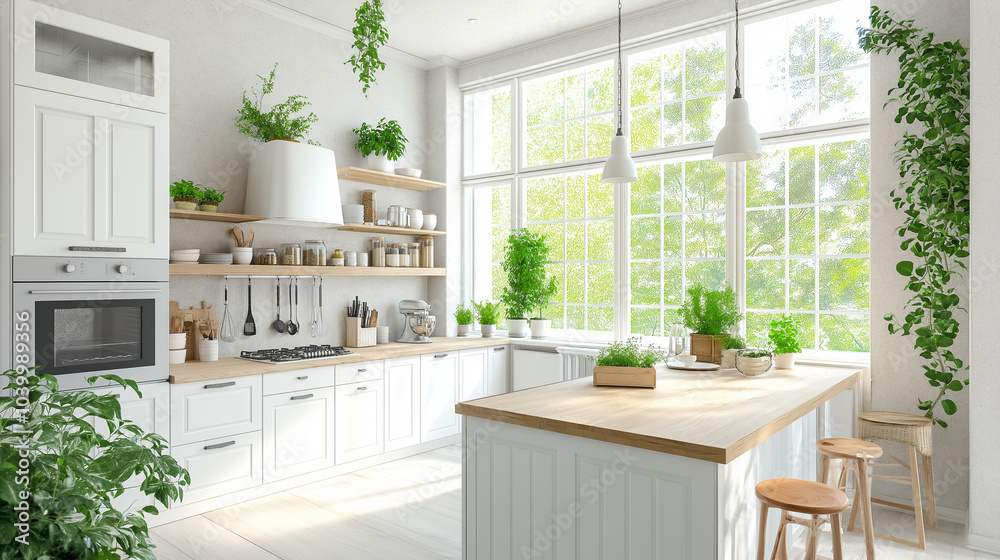 Fototapeta premium Modern, bright kitchen in a Scandinavian style, with white cabinets, a wooden countertop, and an island. The kitchen features green potted plants, stainless steel appliances