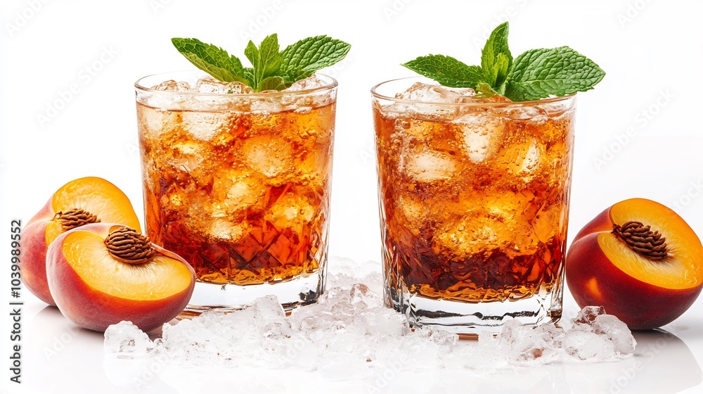 Two elegant glasses filled a refreshing summer peach fizz cocktail adorned with mint leaves and ice set against a clean white background ideal for a summer drink recipe with ample copy space Two elegant glasses filled a refreshing summer peach fizz cocktail adorned with mint leaves and ice set against a clean white background ideal for a summer drink recipe with ample copy space