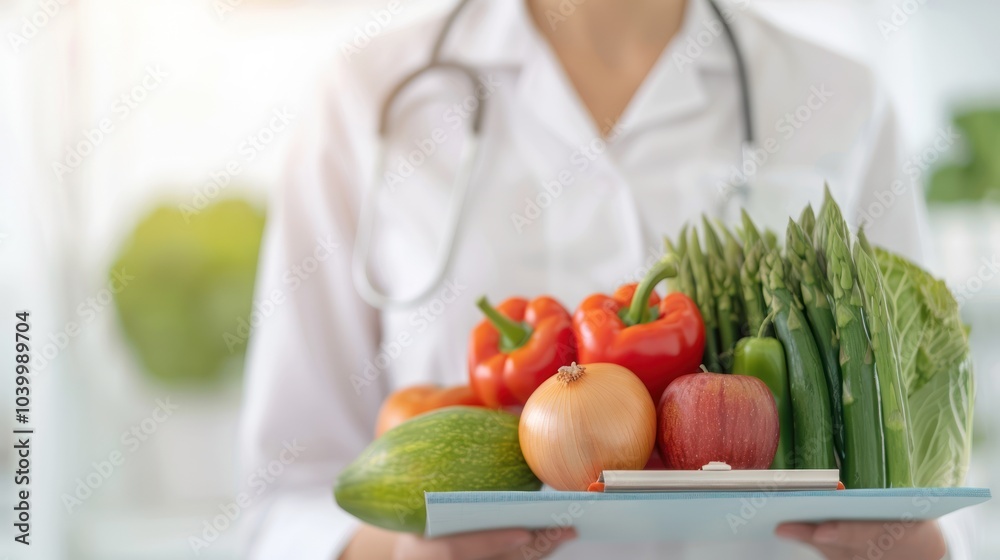 A healthcare professional holding a tray of fresh vegetables and fruits, promoting healthy eating and nutrition.