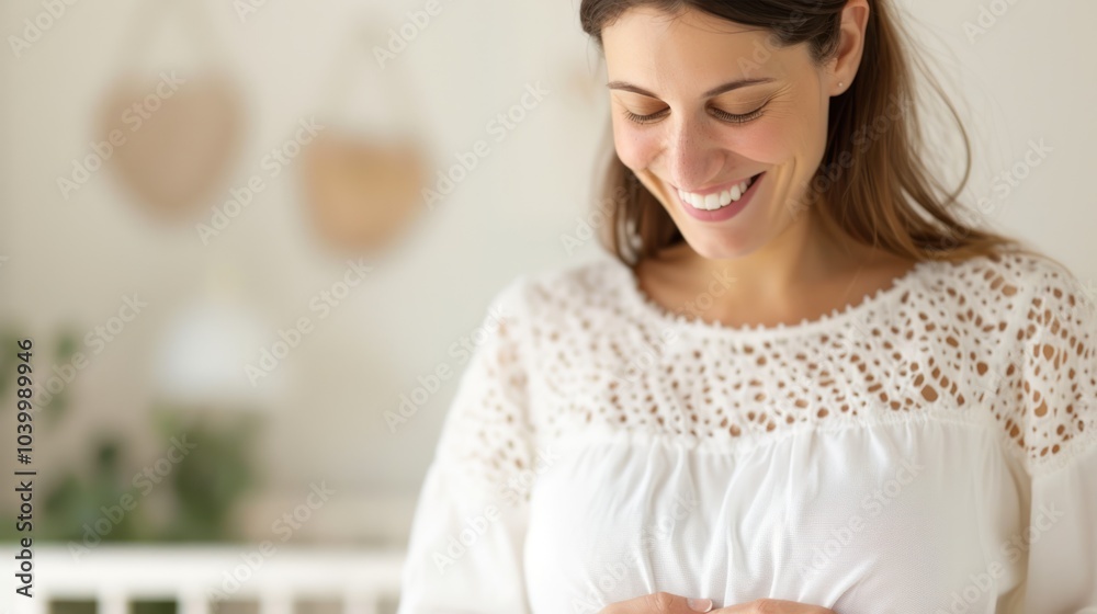 A joyful woman smiles while holding something small, radiating warmth and happiness in a softly lit, cozy setting. A joyful woman smiles while holding something small, radiating warmth and happiness in a softly lit, cozy setting.