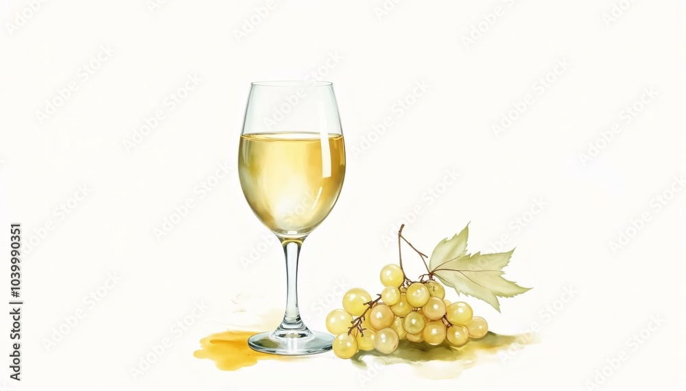 A glass of white wine with grapes on a white background, watercolor illustration, perfect for elegant and sophisticated designs. A glass of white wine with grapes on a white background, watercolor illustration, perfect for elegant and sophisticated designs.