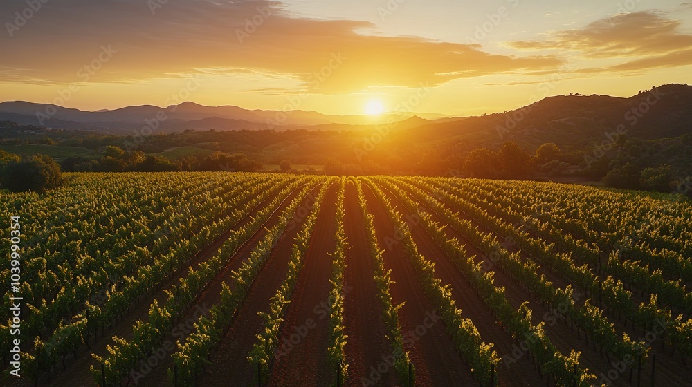 Sunset over lush vineyards a breathtaking aerial view Sunset over lush vineyards a breathtaking aerial view