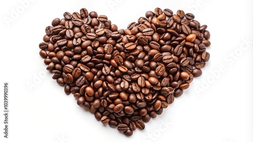 Coffee beans arranged in heart shape on white background