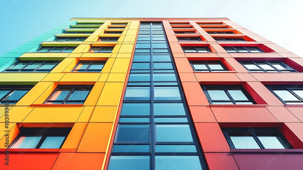 Low angle view of a colorful modern building with a glass facade. Low angle view of a colorful modern building with a glass facade.