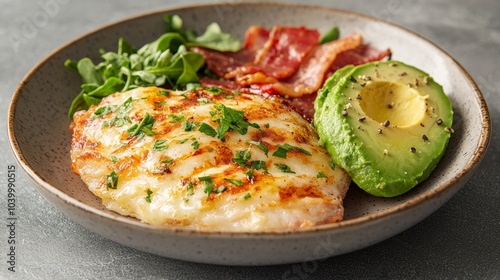 Close-Up of Ketogenic Diet Meal with Avocado and Fish