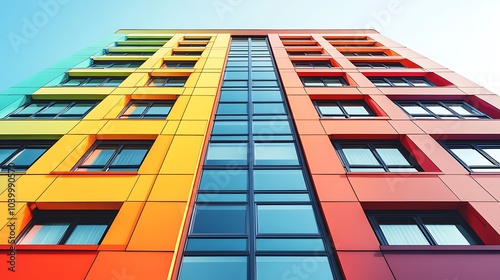 Low angle view of a colorful modern building with a glass facade.