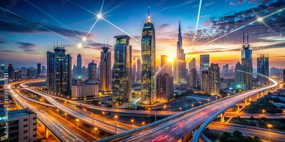 Fototapeta premium Futuristic City Skyline with Glowing Highways and Digital Connections in Drone Photography