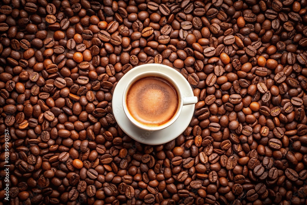 Coffee beans frame white cup of frothy coffee rich aroma and warmth Symmetrical Coffee beans frame white cup of frothy coffee rich aroma and warmth Symmetrical