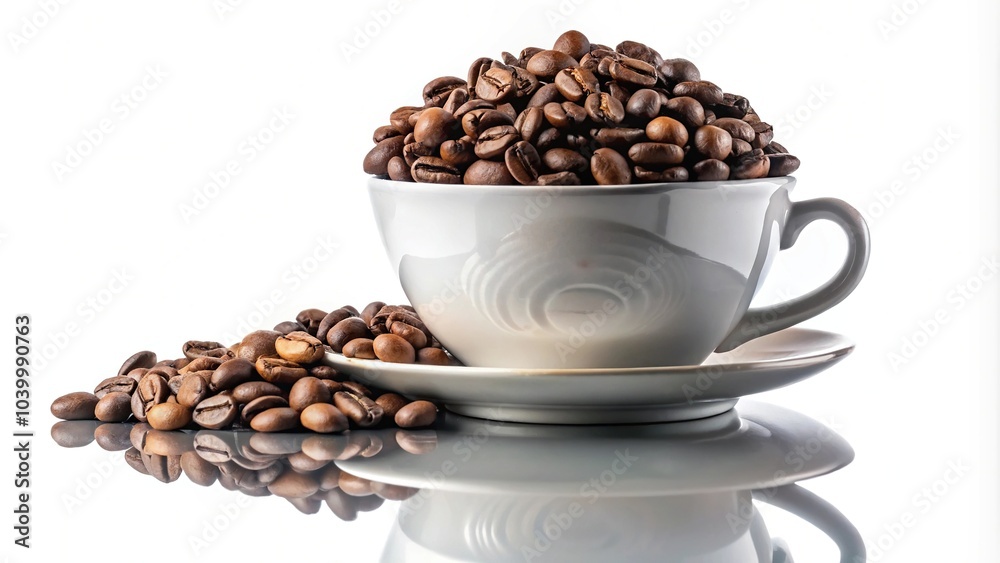 Fototapeta premium Coffee beans in a cup with leaves isolated on white background