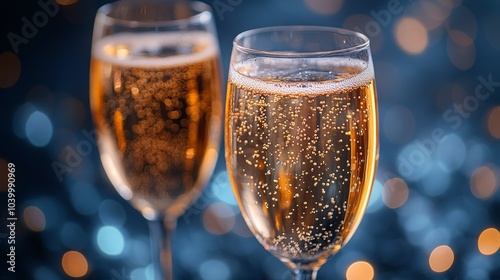 On a blue abstract background, a champagne celebration is surrounded by golden bokeh light glitter.