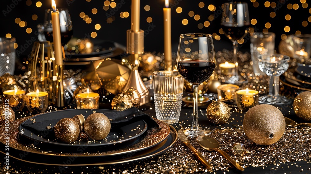 Elegant black and gold Christmas table setting with a glass of red wine and candles. Elegant black and gold Christmas table setting with a glass of red wine and candles.
