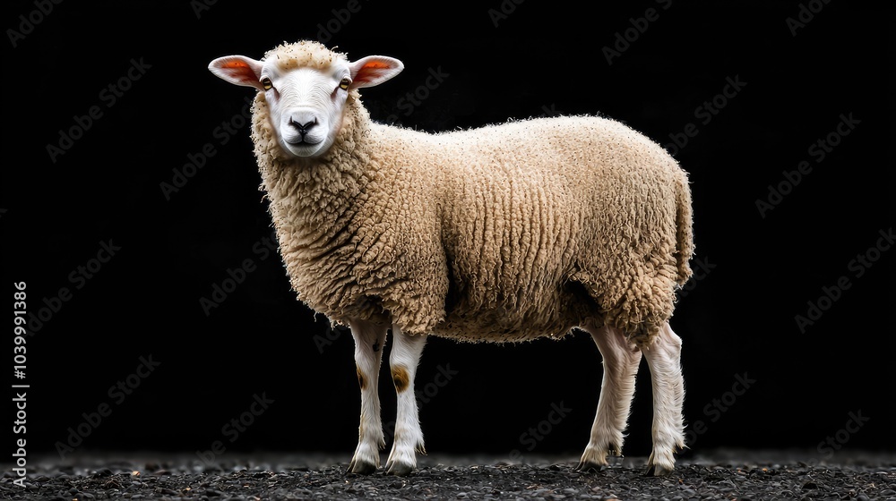 Fototapeta premium A white sheep stands against a black background, looking directly at the camera.