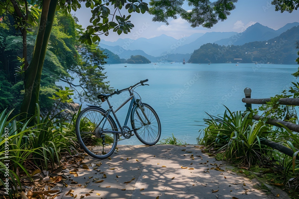 Fototapeta premium Serene Lakeside Escape with a Bicycle Amidst Lush Nature