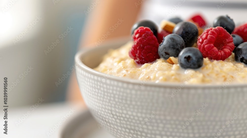 A bowl of oatmeal topped with fresh blueberries and raspberries, creating a colorful and healthy breakfast option.