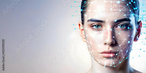 Abstract Human Face Digital Data Bokeh Background - Soft Image Human Interaction Global Data Network Copy Space Photo Stock Concept photo