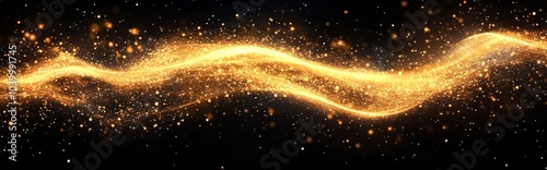 Magic gold dust trail with star shaped sparkles on dark transparent background. Realistic contemporary illustration of shine glitter and shimmer particles.