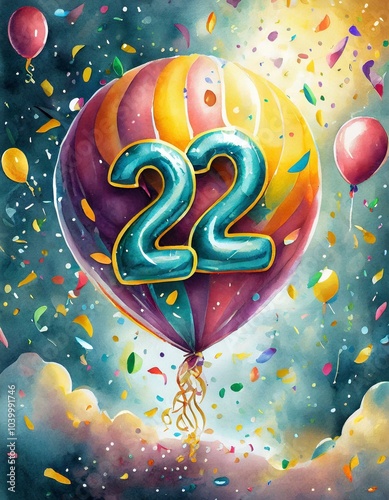 Birthday / anniversary balloon, number 22, colorful illustration with confetti en festive decoration photo